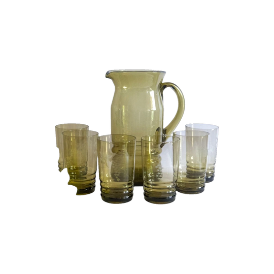 Vintage Smokey Grey Water Set with Grape Design Etching