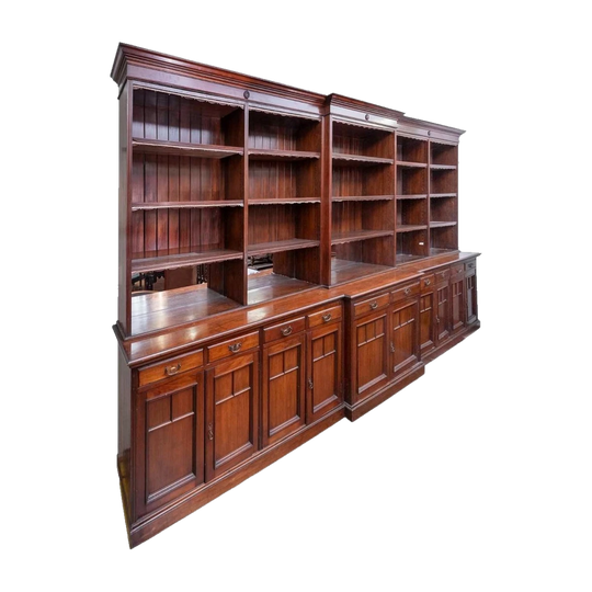 Antique Blackwood Breakfront Open-Fronted Library Bookcase with Leather-Gilt Trims, 5 m