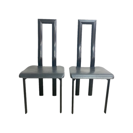 Pair of Postmodern Italian Dining Chairs by Antonella Mosca, “Regina” for Ycami Collection, 1980s, Black Leather & Aluminium