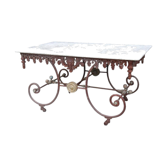 Large Early French Wrought and Cast Iron Butcher's Table with White Marble Top
