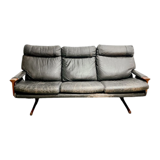 Tessa T21 3-Seater Black Leather Lounge with Tasmanian Blackwood Frames, Mid-Century, by Fred Lowen