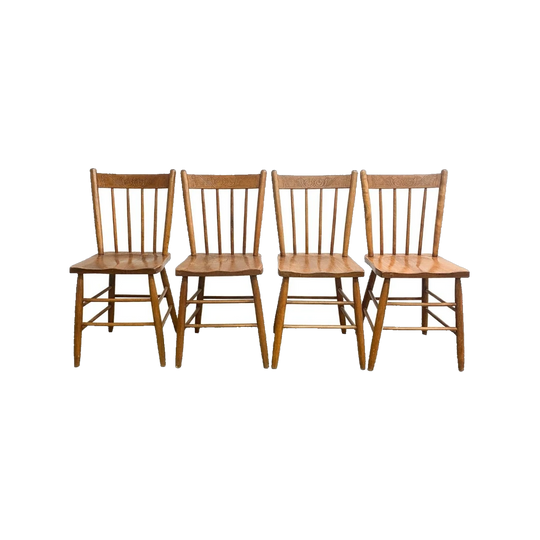 Set of 4 Antique Rustic Farmhouse Pine Kitchen Chairs – Pressed Pattern, Spindle-Back