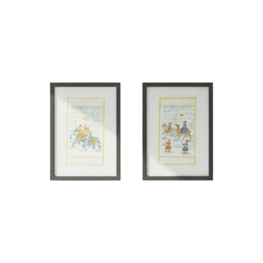 Antique Anglo-Indian Framed Watercolours of Elephants with Riders – Indian Miniature Style