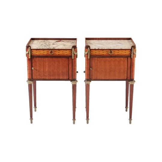 Pair of 19th-Century French Marble-Top Marquetry Bedside Tables with Tambour Doors