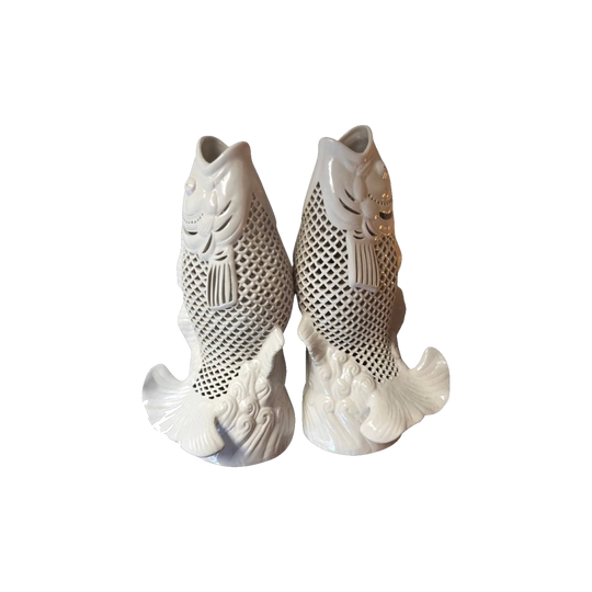 Pair of Vintage Blanc de Chine Reticulated Koi Fish Vases, Hong Kong, c. 1960s–1970s
