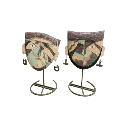 Pair of Late 20th Century Tessellated Stone Sculptural Face Masks, Attributed to Joseph De Castro