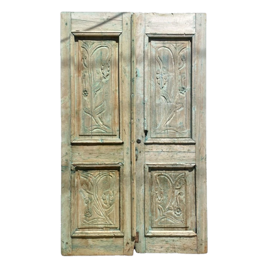 Vintage Carved Baltic Pine Egyptian French Doors – Pair