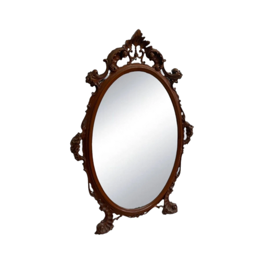 Ornately Carved 20th Century Oval Bevelled Mirror with Wooden Frame