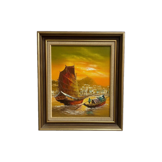 Mid-Century Framed Oil Painting — Junk Boat Fishing Scene, Signed L. Lam