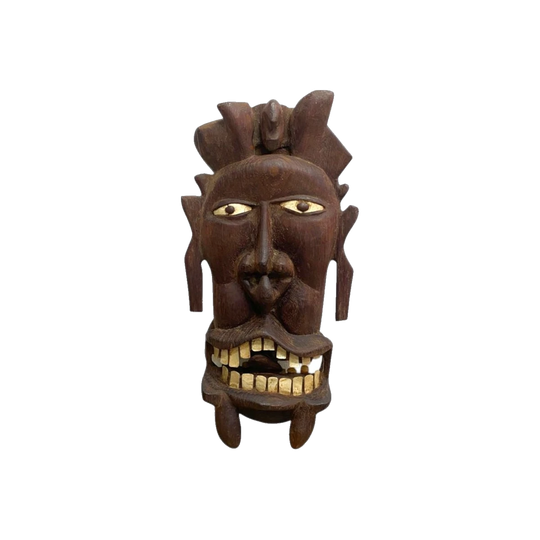 Vintage Pacific Island Double-Sided Tribal Wooden Head Carving Sculpture with Mother-of-Pearl Teeth
