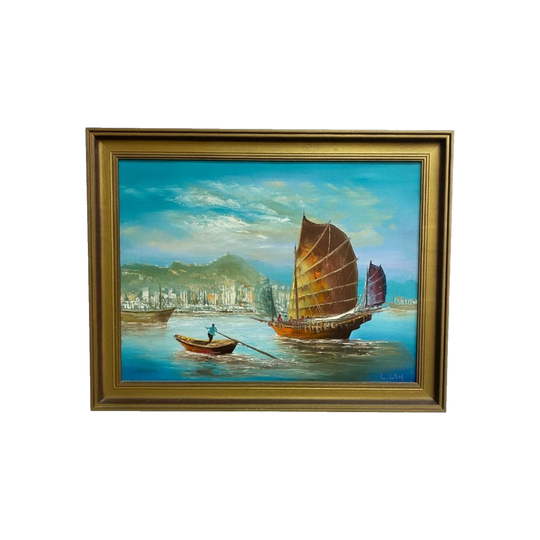 Mid-Century Framed Oil Painting, Junk Boat Harbour Scene – Signed L. Lam