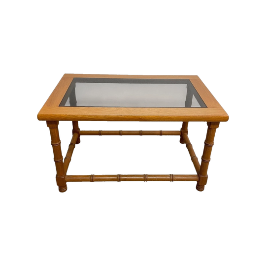 Mid-Century Rectangular Teak Table with Carved Faux Bamboo Base and Smoked Glass Top