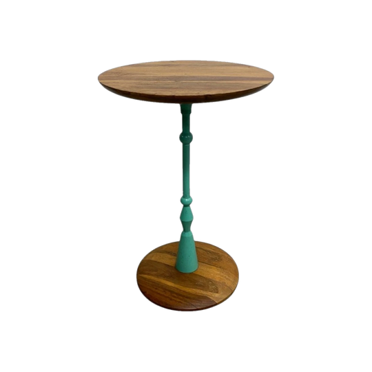 Postmodern Occasional Side Table – Painted Metal Pedestal with Wood Top and Base, 60 cm H x 41 cm Dia