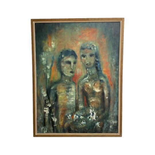 Large Mid-Century Oil on Board Portrait Painting of Two Figures with Flowers, Dated 1967, Framed