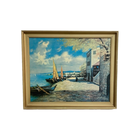 Mid‑Century Coastal Boats at Rest Print – Harbour Scene with Docked Sailboats