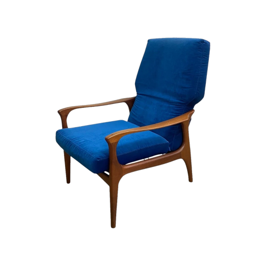 Rare 1950s Fler SC60 Armchair, Australian Mid-Century – Restored African Mahogany Frame, Blue Velvet Upholstery