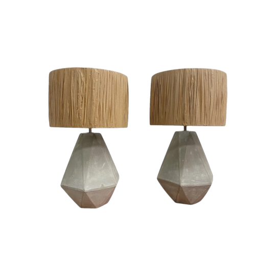 Pair of Matt Grey Geometric Ceramic Table Lamps with Shades, Concrete-Look Finish
