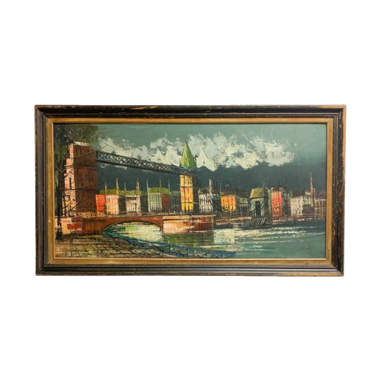 Original Early 20th Century Bridge City Landscape Oil on Canvas, Signed, in Original Frame