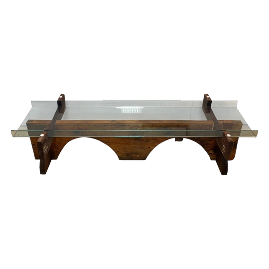 Large Bespoke Coffee Table – Reclaimed Mahogany with Glass Top and Antique Jewellers Bench Base