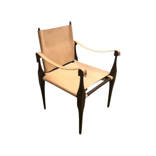 Boer War Era Officers’ Safari / Campaign Chair – Timber Frame, Leather Arm Straps, New Saddle‑Made Leather Covers with Original Canvas