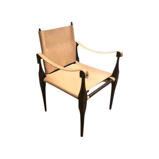 Boer War Era Officers’ Safari / Campaign Chair – Timber Frame, Leather Arm Straps, New Saddle‑Made Leather Covers with Original Canvas