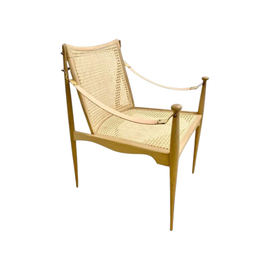 Mid-Century John Duffecy Armchair – Fully Restored Coachwood with Rattan Seat and Back, Leather Arms, Polished Brass Hardware