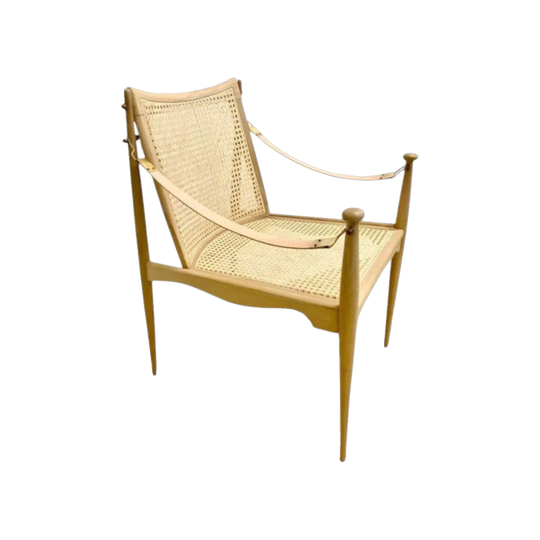 Mid-Century John Duffecy Armchair – Fully Restored Coachwood with Rattan Seat and Back, Leather Arms, Polished Brass Hardware