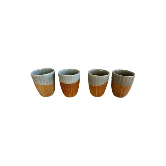 Set of 4 Vintage Japanese Yunomi Tea Cups – Hand-Thrown Carved Stoneware, Celadon Glaze, Potter’s Seal