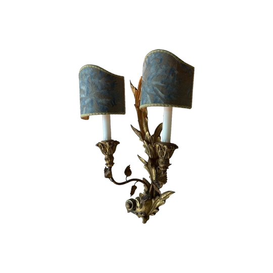 Antique Late 19th-Century Carved Giltwood Twin-Arm Wall Candelabra, French Rococo, with Light Blue Clip-On Shades