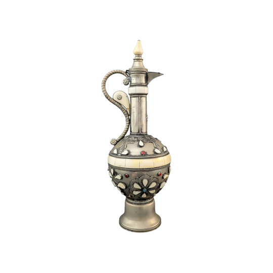 Mid-20th Century Indian Nickel Silver Ewer with Bone Inlay and Coloured Cabochons