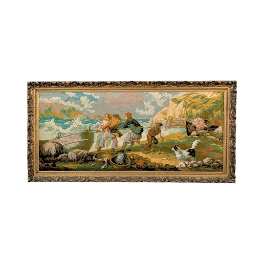Mid-Century French Wool Needlepoint, Coastal Maritime Scene, Original Gilt Baroque Revival Frame