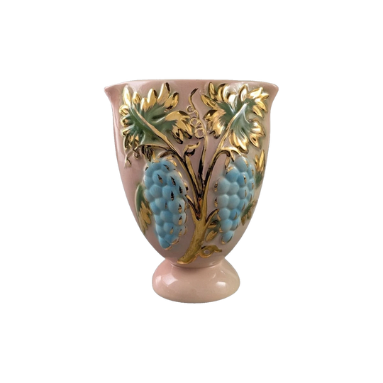 Kalmar Australia Mid-Century Ceramic Vase, Majolica Influence, Blush Glaze with Blue Grapes and Gold Accents