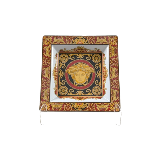 Versace x Rosenthal Square Bowl, Medusa Motif with Red and Gold Baroque Border, 21 cm