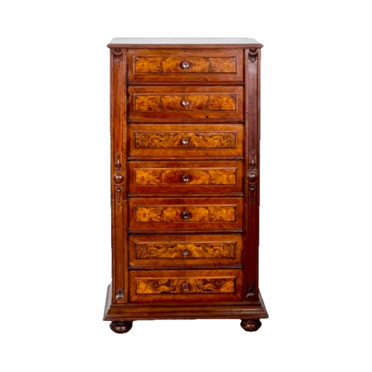 Antique French Walnut Semainier / Wellington Chest, Seven Drawers with Walnut Burl, Last Quarter of the 1800s