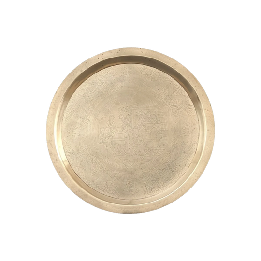 Large Engraved Chinese Brass Charger, Late Qing–Early Republic, Confucian Scene, 60 cm