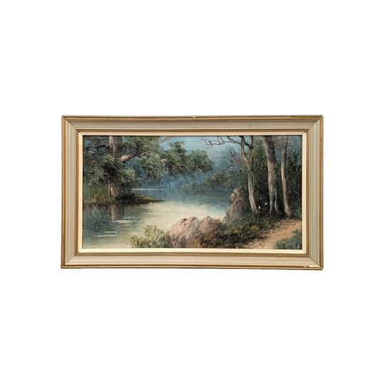 Mid-Century Landscape Painting of Water and Trees, Framed