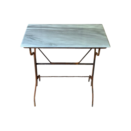 Vintage Bistro Table with White/Grey Marble Top and Iron Base, Likely European, Mid-20th Century