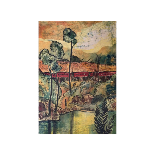Lee Hock Kia (b. 1937) – Master Sarawakian Batik Artiste, Large Batik Painting, Malaysian, Circa 1970s, "River Village & Longhouse"