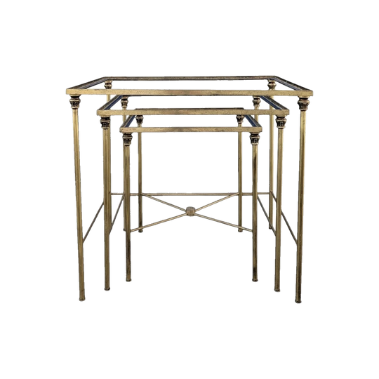 Mid-Century Brass Nesting Tables, Set of Three with New Clear Glass Tops