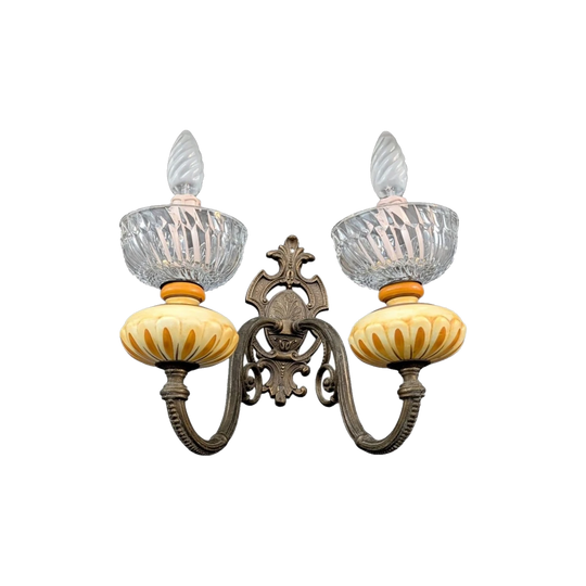 Early 20th-Century Twin-Arm Wall Light, Cast Metal Backplate with Cut Glass Shades and Amber Collars