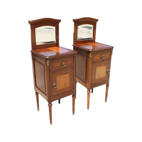 Pair of French inlaid bedside cabinets with mirrored backs