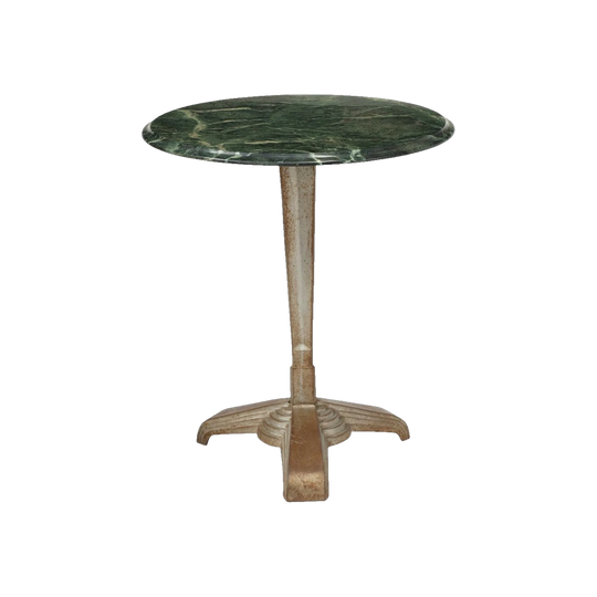 French Art Deco Bistro Table with Verde Marble Top and Silvered Stepped Base, c. 1940