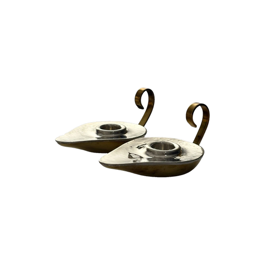 Ilias Lalaounis (Greek 1920–2002) Pair of Sterling Silver & Brass Candlesticks, Dated 1979, Boxed