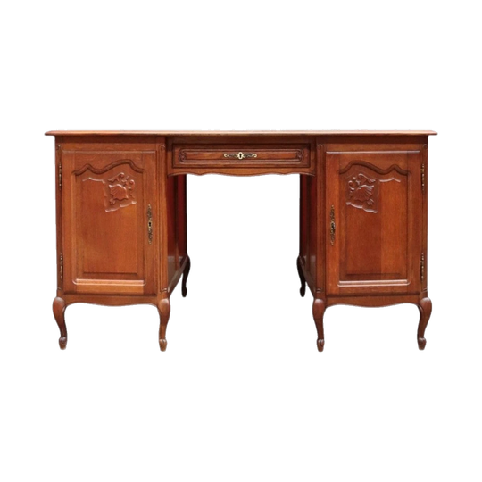 French Oak Office/Study Desk with Drawer, Twin Cupboards, Panelled Sides and Scalloped Apron, France, c.1940