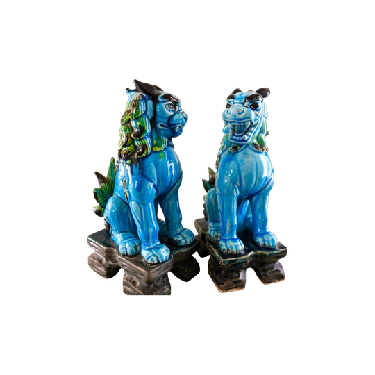 Mid-Century Turquoise and Green Glazed Ceramic Guardian Lions / Foo Dogs (Pair), 1960s–1970s