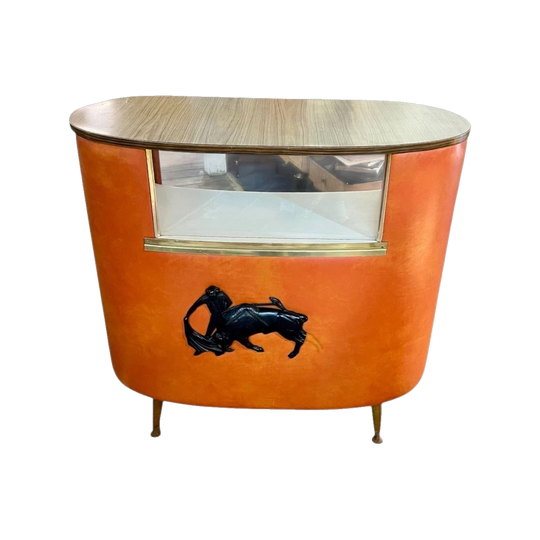 1960s Mid-Century Drinks Bar Cabinet – Matador & Bull Front, Kidney-Shaped, Orange Vinyl, Brown Laminate Top, Perspex Window