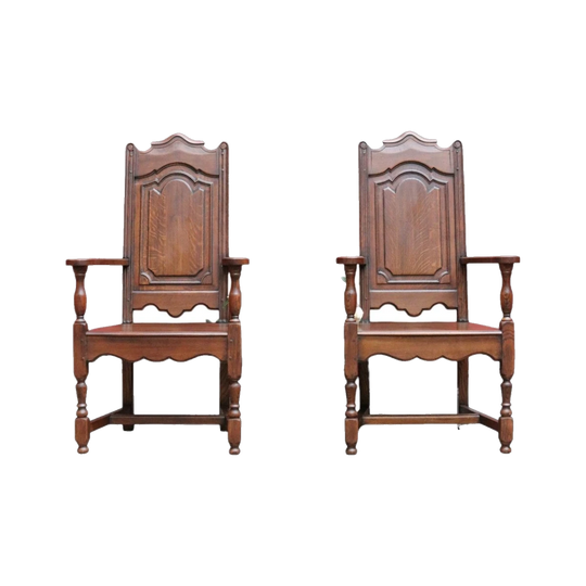 Pair of Antique French Oak Throne Armchairs with Tall Ornate Backs and Central Panels, c. 1880