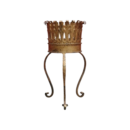 French Gilt Metal Jardinière Holder with Hand‑Hammered Bowl, Leaf‑Motif Rim and Tripod Legs, c.1960