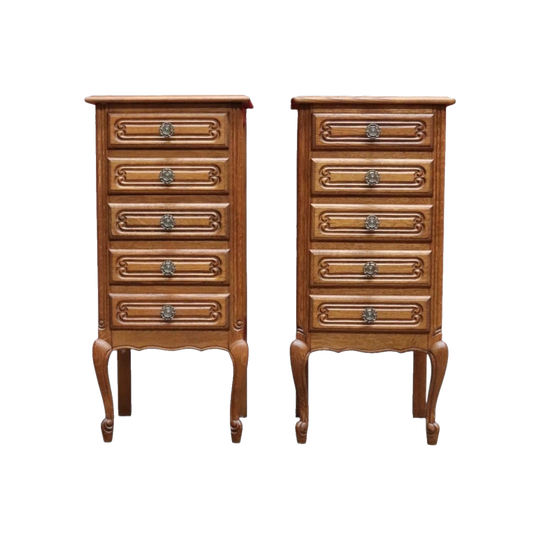 Pair of Vintage French Provincial Oak Five-Drawer Chests with Carved Scrollwork, Shaped Aprons and Gilt Metal Handles