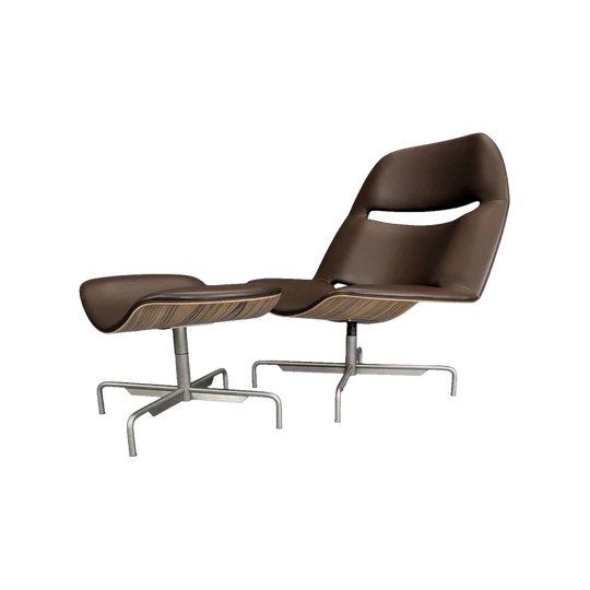 Upper Lips Lounge Chair and Ottoman by Piergiorgio Cazzaniga for Dema, Italy — Zebrano Frame, Leather, Brushed Stainless Steel